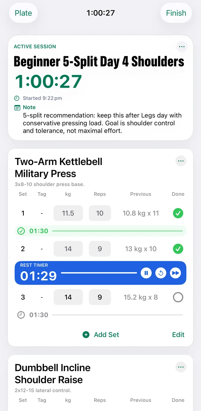 Mekimeki active session logging sets with weight, reps, previous performance for each set, and a running rest timer