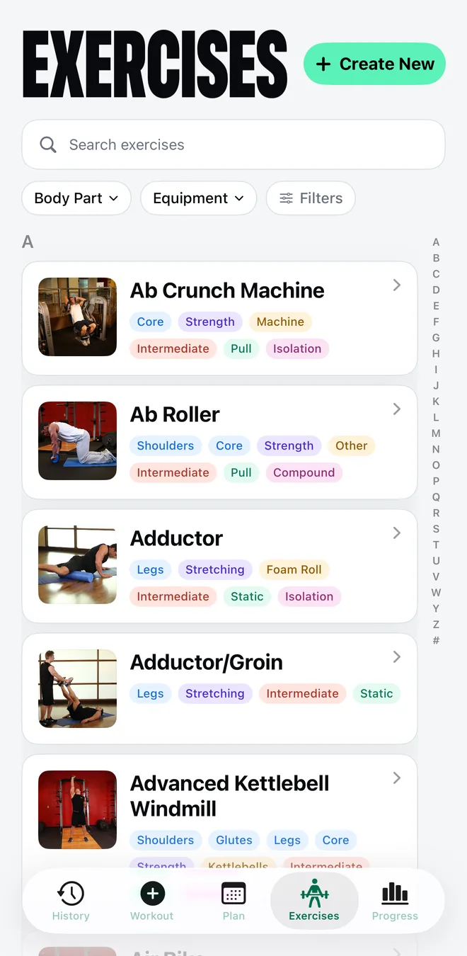 Mekimeki exercise library with search, body part and equipment filters, exercise photos, and difficulty tags
