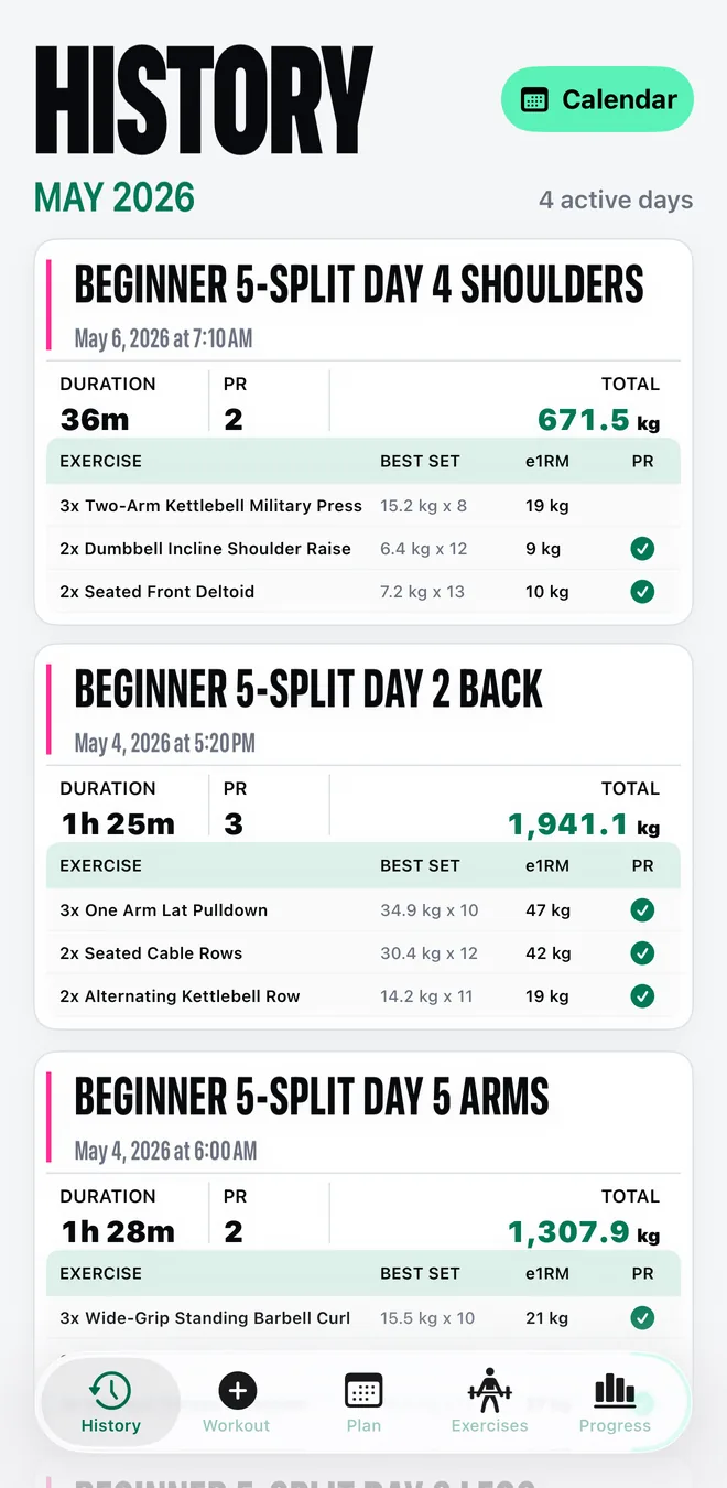 Mekimeki session history showing estimated 1RM per exercise, personal record markers, duration, and total volume
