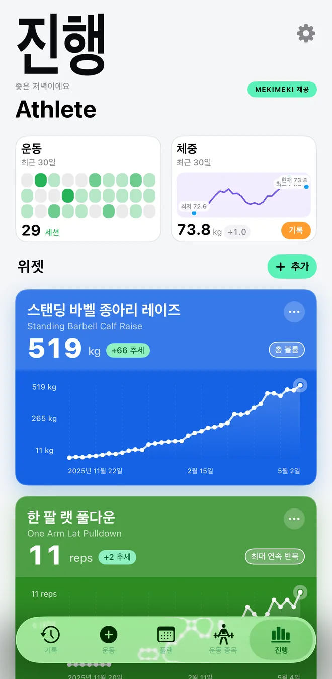 총 볼륨과 최대 연속 횟수의 운동별 추이 차트가 있는 Mekimeki 진행 상황 대시보드
