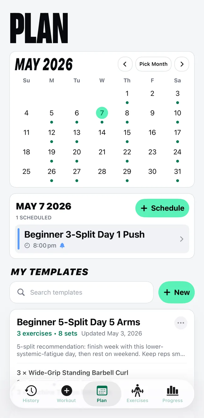 Mekimeki Plan tab showing a monthly training calendar with scheduled sessions marked and a session booked for the selected day