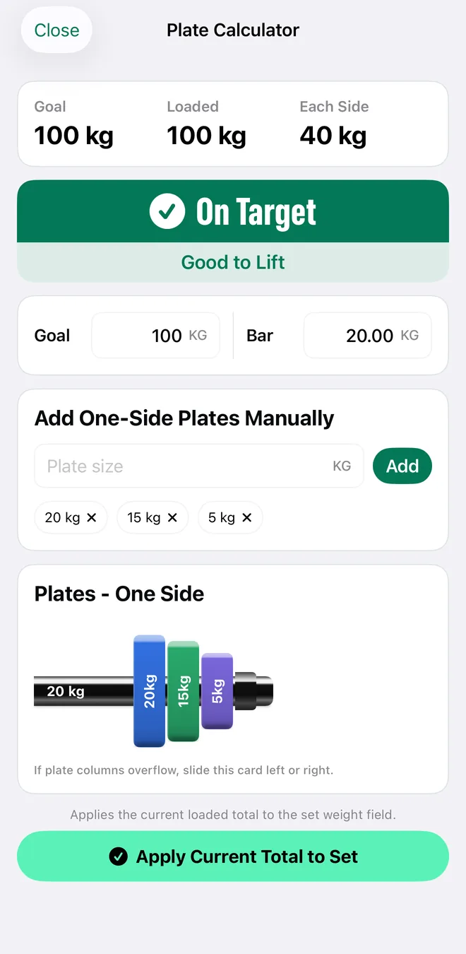 Mekimeki plate calculator showing a 100 kg goal, bar weight, and the plates to load on each side