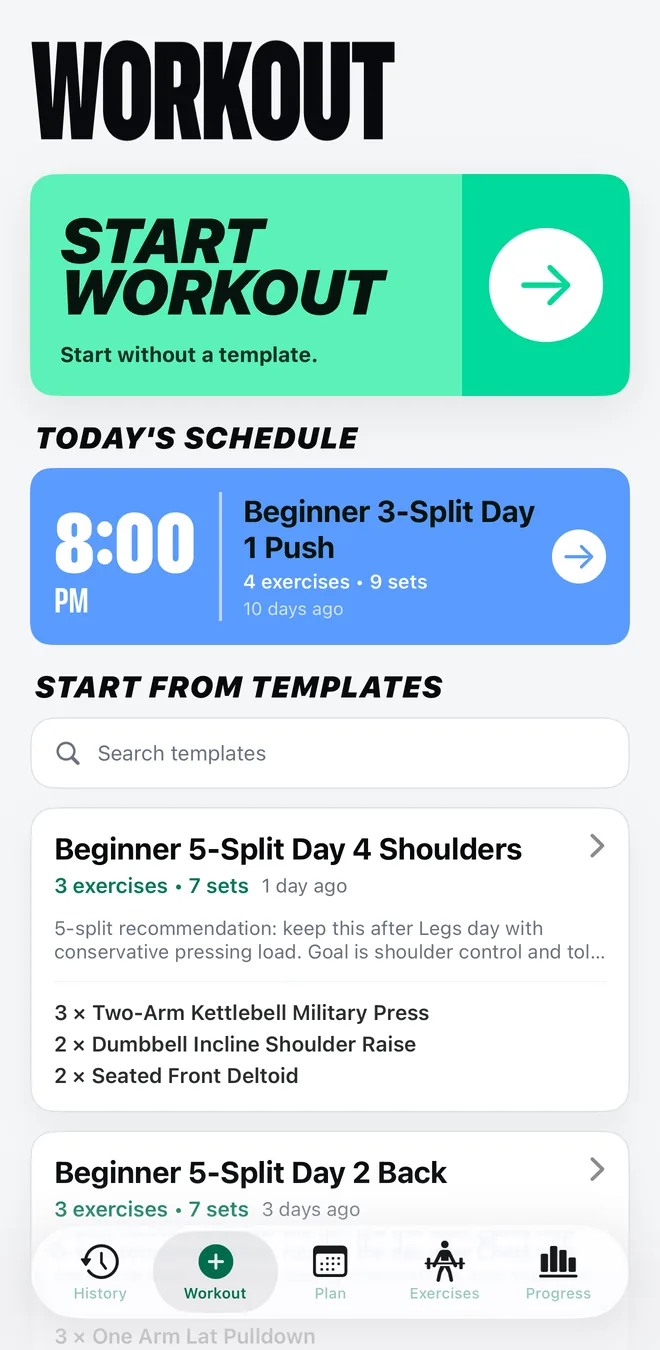 Mekimeki Workout tab with a start workout button, today's scheduled session, and saved workout templates listing their exercises and sets