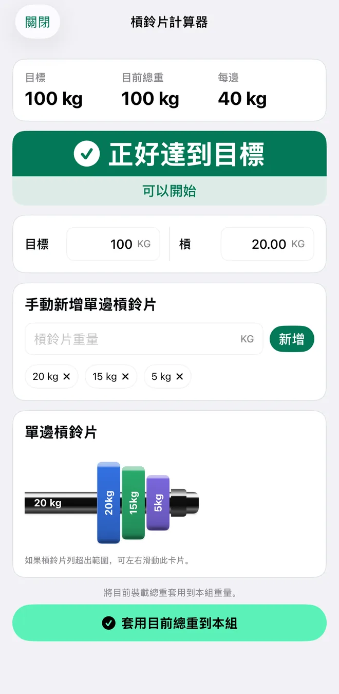 Mekimeki 槓片計算器，顯示 100 kg 目標、槓鈴重量，以及每側要加的槓片